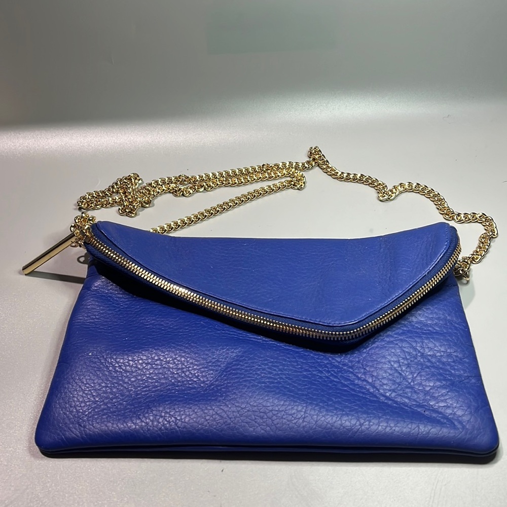 HENRI BENDEL LEATHER CLUTCH PURSE CHAIN STRAP VIOLET BLUE ASYMMETRICAL